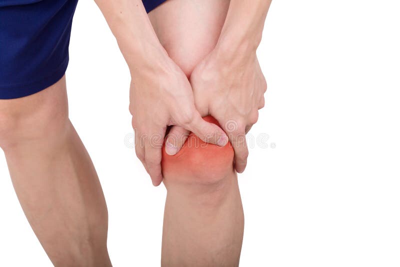 Close up male knee pain isolated white background. stock photos Close up male knee pain isolated white background. stock photos