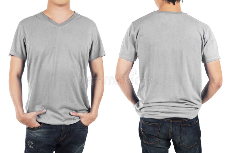 Download Close Up Of Man In Front And Back Light Grey Shirt On White Back Stock Image - Image of model ...