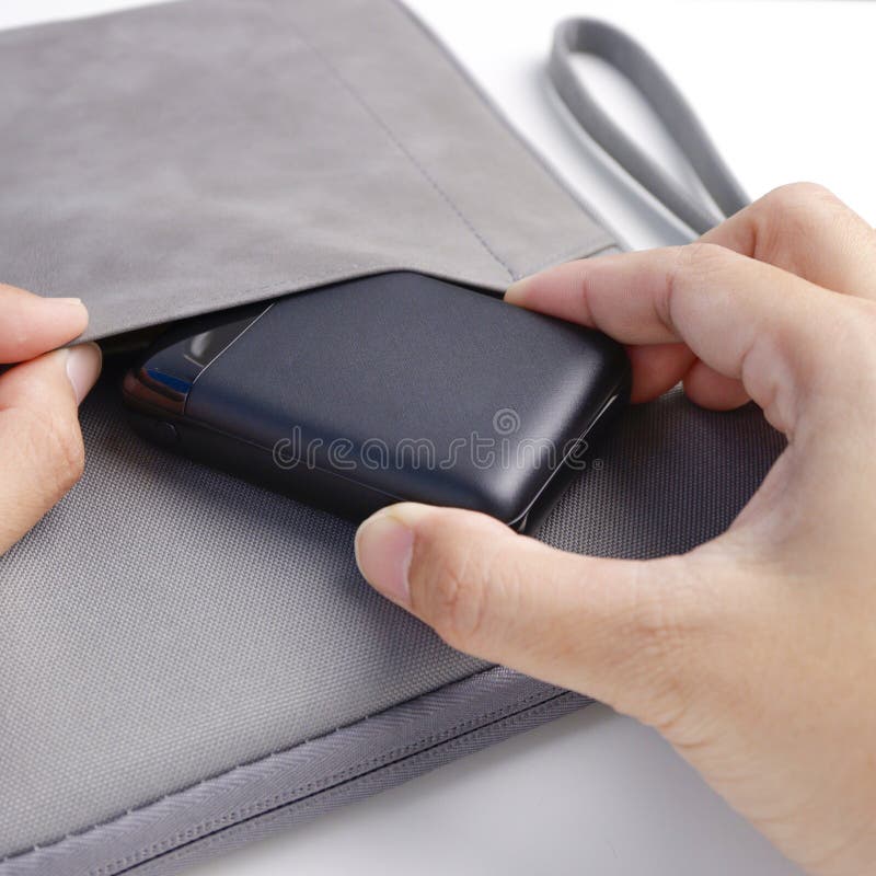 Black Power Bank Put into the Bag Stock Photo Image of adapter
