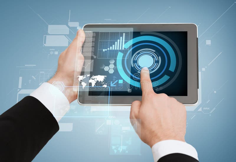 Close up of man hands touching tablet pc royalty free stock photos