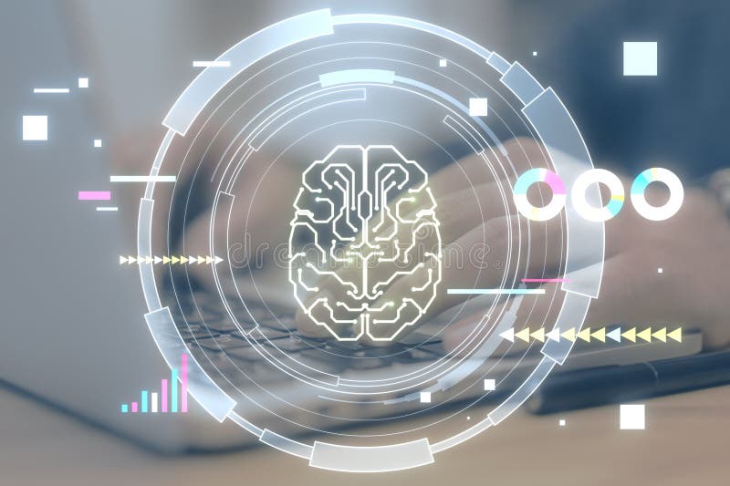 Close up of man hands using laptop keyboard on desk with glowing round brain hologram on blurry background. Artificial vector illustration