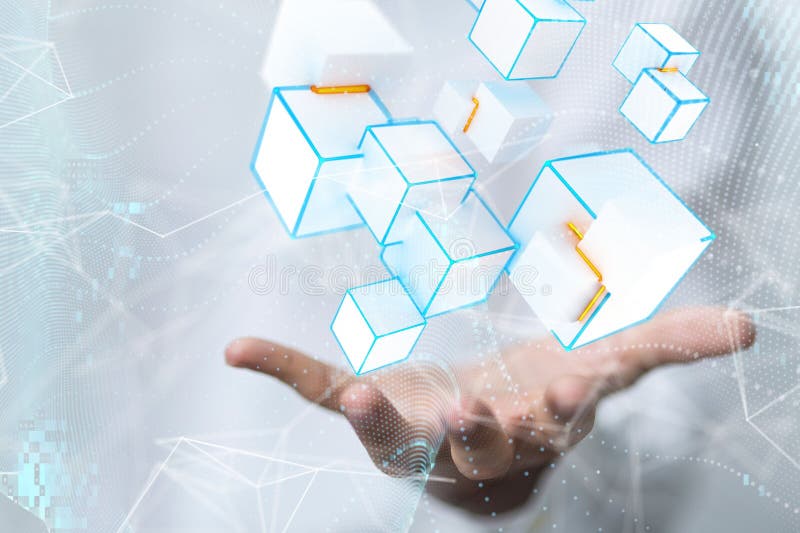 Close-up of a man holding his palm under a hologram of abstract cubes stock images