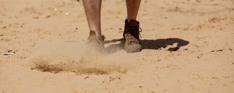 Close Up of Man Legs Walking in Tactical Shoes on Sand Surface. Stock Image  - Image of footprint, army: 222430489