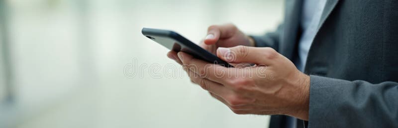 Close-up of man using smartphone. Male hands hold mobile gadget. Businessman types message. Person uses modern tech, communication stock illustration