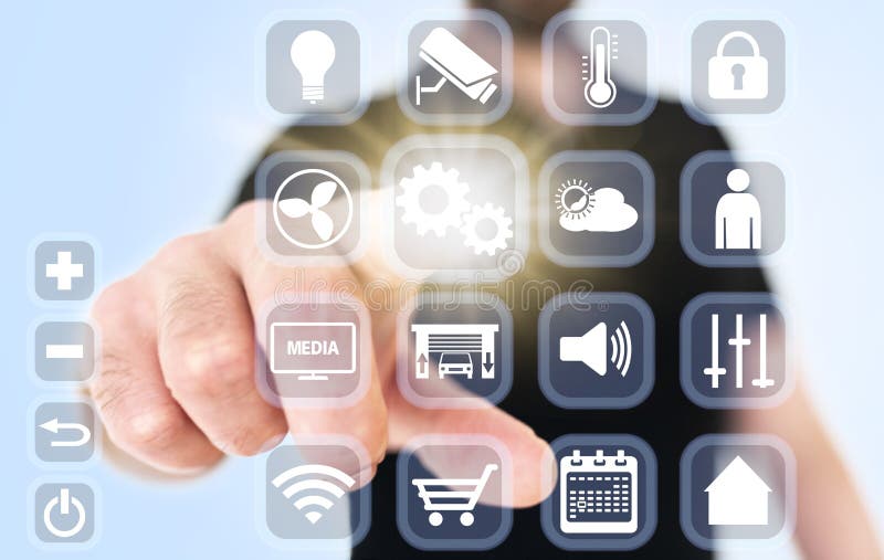 Close-up of man using translucent smart home interface royalty free stock photography