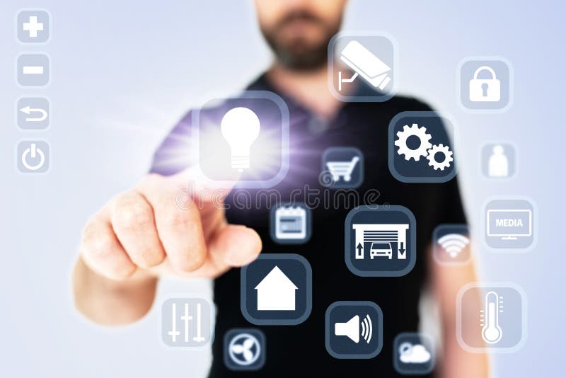 Man using translucent smart home automation interface royalty free stock photo