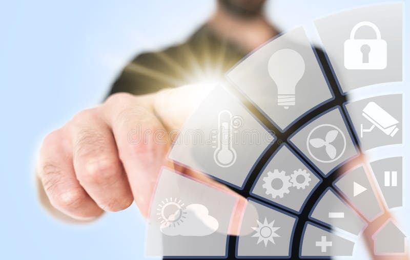 Close-up of man using translucent smart home interface royalty free stock photo
