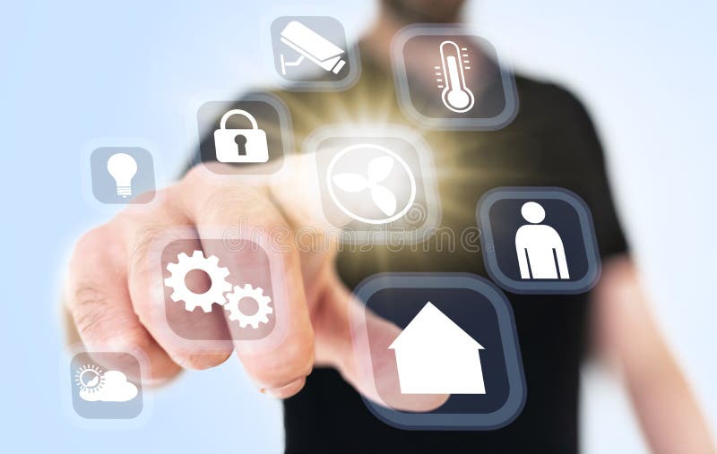 Close-up of man using translucent smart home interface royalty free stock photo