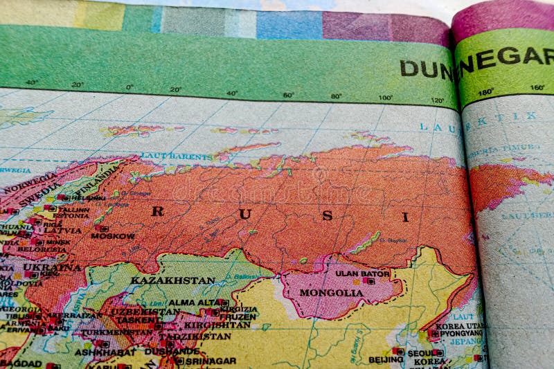 Close-up map of Russia and North Asia with Indonesian text. Showing countries such as Russia, Mongolia, and Korea. royalty free stock images