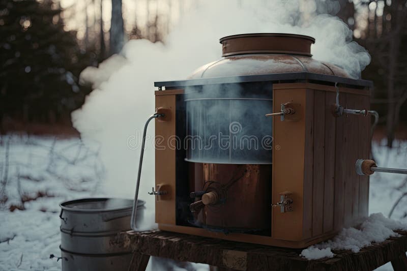Closeup of Maple Sap Evaporator, with Steam Rising and Dripping Down