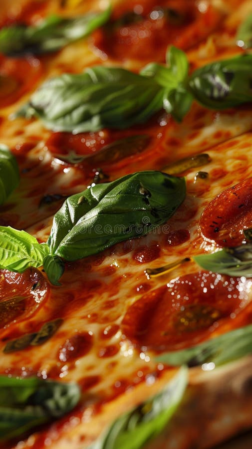 Close-up of a margherita pizza with fresh basil leaves royalty free stock photography