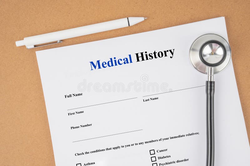 Closeup of Medical History Form and Stethoscope Medical with Pen Stock