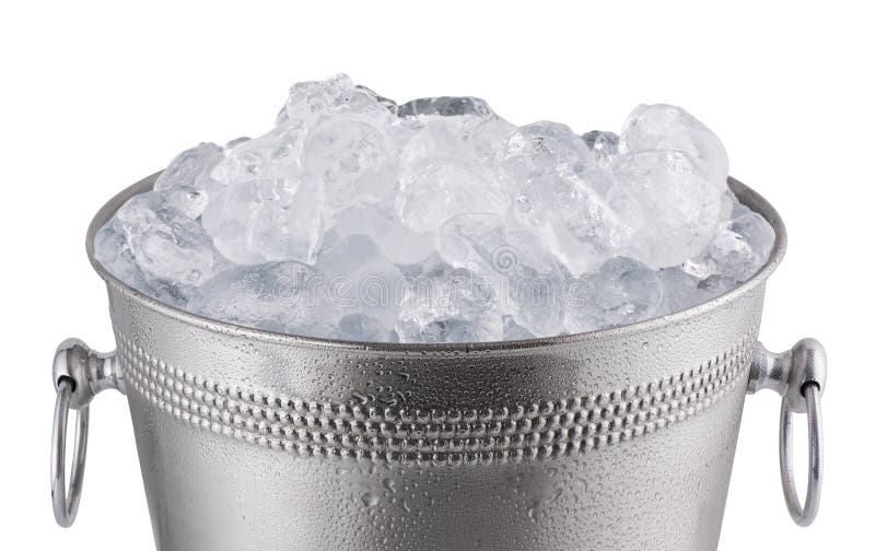 Close up metal champagne bucket, full with ice. Isolated on whit