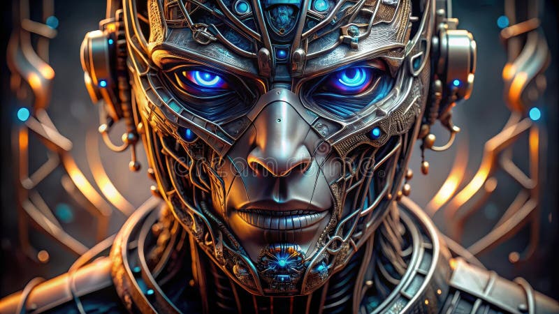 Close-up of a metallic android with glowing blue eyes and intricate circuitry. Generative AI royalty free illustration