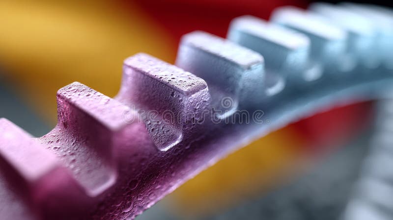 Close-up of a metallic gear with colored lighting highlights. stock photography