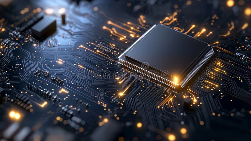 Close-up of a microchip on a circuit board with illuminated pathways, representing advanced technology and electronics vector illustration