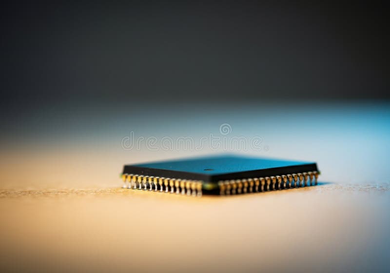 Close-up of a microchip on a clean surface, showcasing intricate details stock photos