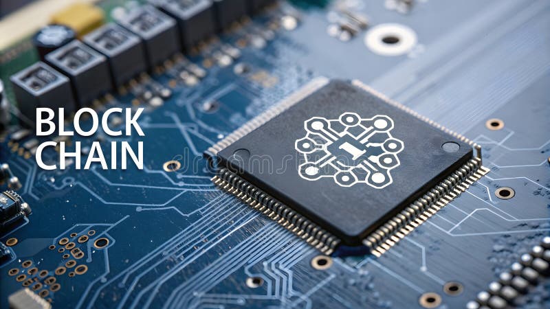 Close up microchip on electronic circuit board with blockchain technology concept royalty free illustration