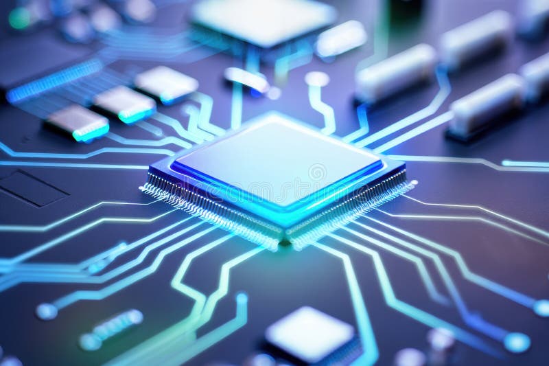 Close-up of a microchip with glowing circuits and intricate details stock photos