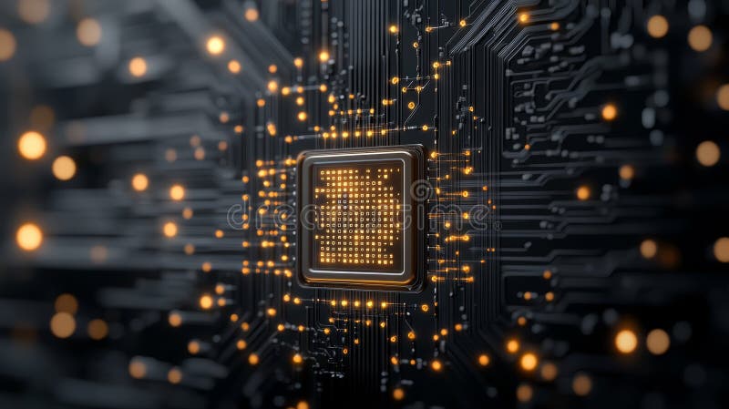 Close-up of a microchip with intricate circuitry and glowing lights, representing advanced technology and innovation vector illustration