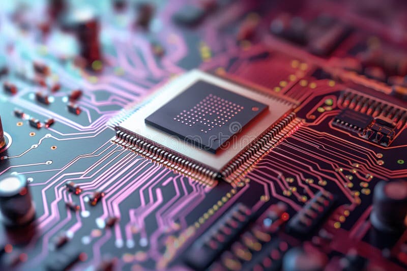 Close-up of microchip on motherboard circuit board. Electronic component in digital technology computer hardware. Advanced stock illustration