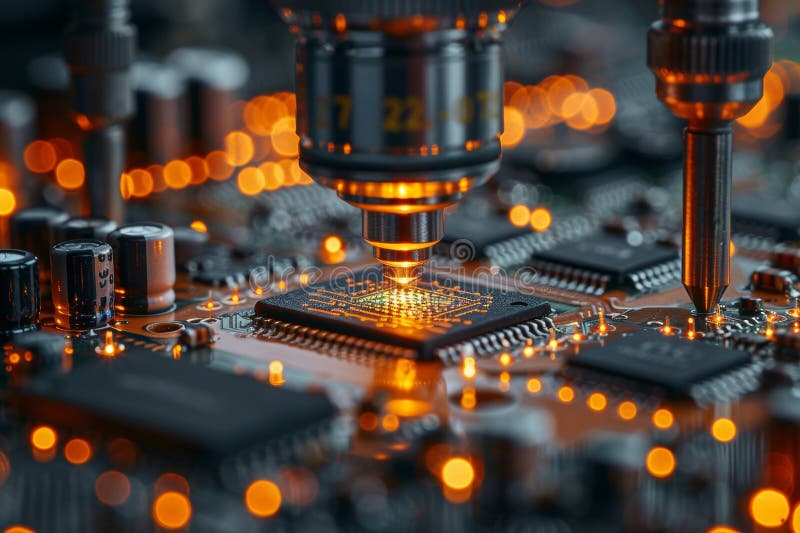 Close up of microchip transistor examination under microscope in microprocessor manufacturing vector illustration