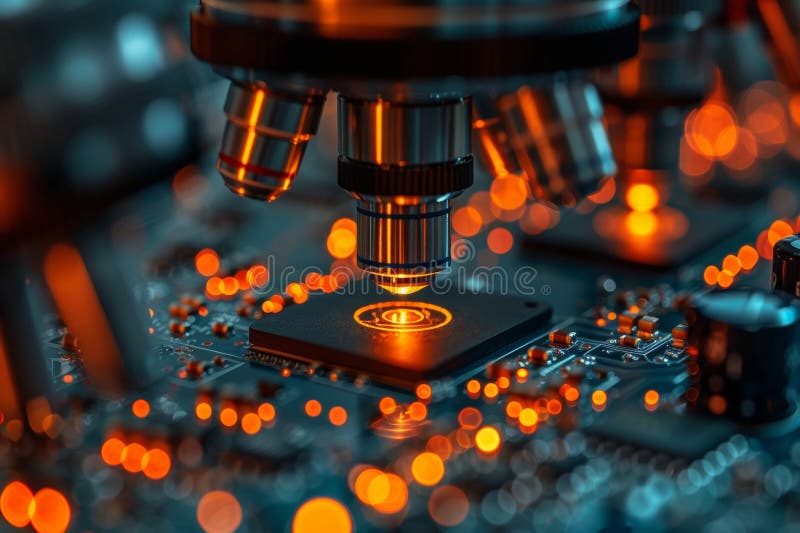 Close up of microchip transistor examination under microscope for microprocessor production royalty free illustration