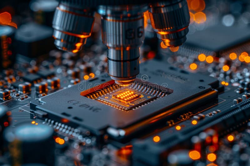Close up of microchip transistor testing under microscope in microprocessor manufacturing process stock illustration