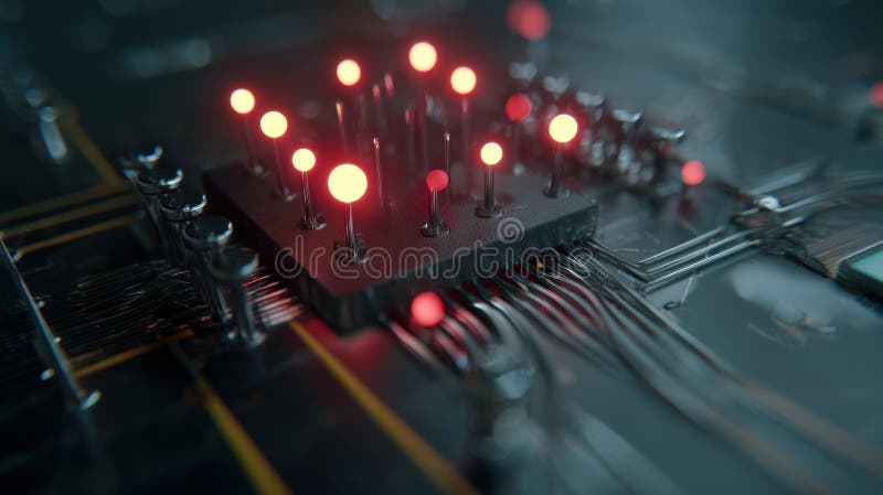 Close-up of a microchip under development, glowing nodes and nano-tech. Circuit board. Technology background. Central Computer stock photography