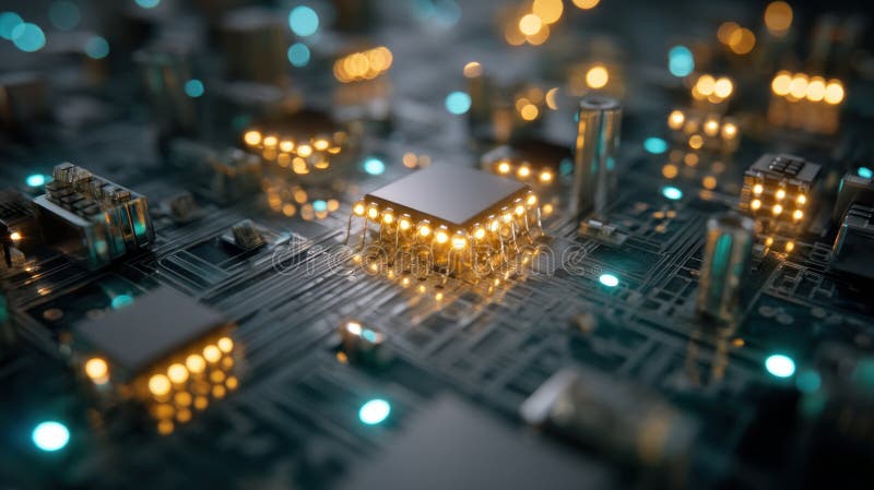 Close-up of a microchip under development, glowing nodes and nano-tech. Circuit board. Technology background. Central Computer stock images