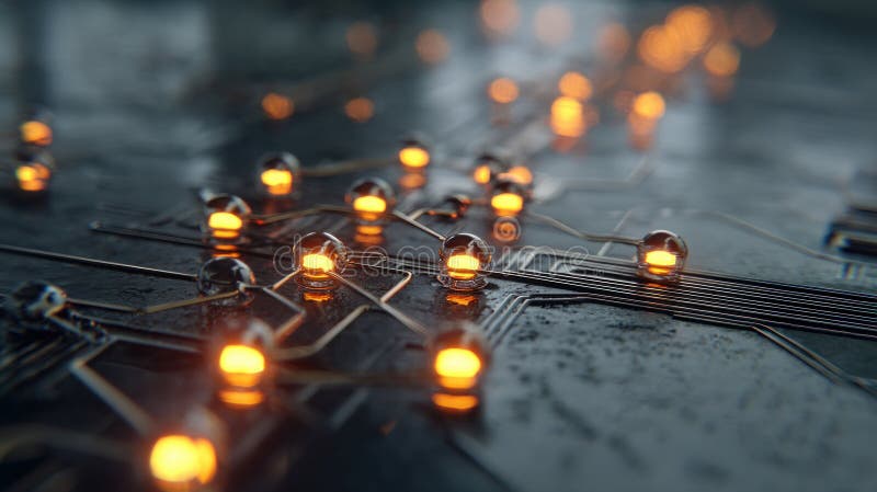 Close-up of a microchip under development, glowing nodes and nano-tech. Circuit board. Technology background. Central Computer stock photography