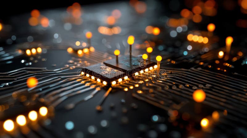 Close-up of a microchip under development, glowing nodes and nano-tech. Circuit board. Technology background. Central Computer royalty free stock photography