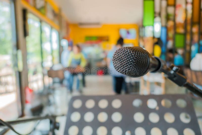 Close Up Microphone at Conference in Restaurant Stock Image Image of