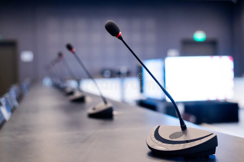 Close Up The Conference Microphone On The Meeting Table Or Board