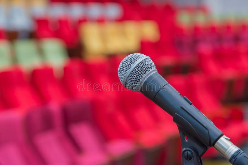 Close Up of Microphones in Theatre or Conference Hall Stock Photo