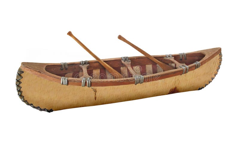 Close-up of a miniature birch bark canoe isolated.