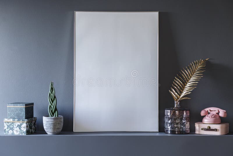 Close-up of mockup of white empty poster in grey living room int