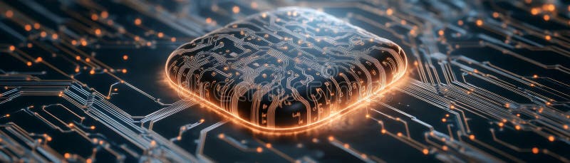 Close-up of a modern computer chip on a circuit board, showcasing intricate details and glowing elements, symbolizing technology royalty free illustration