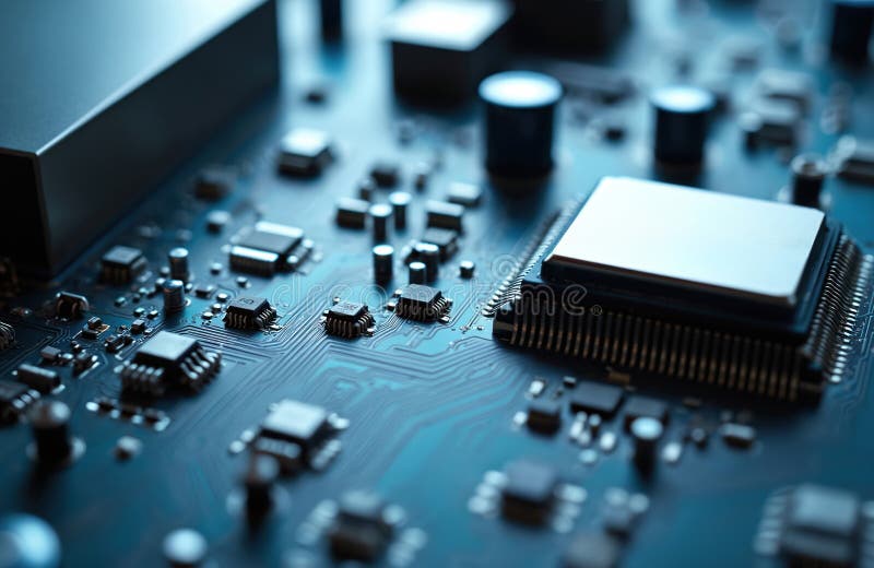 Close-up of modern computer mainboard electronic background. Circuit board with processor, microchips. Digital tech, hardware royalty free stock photos