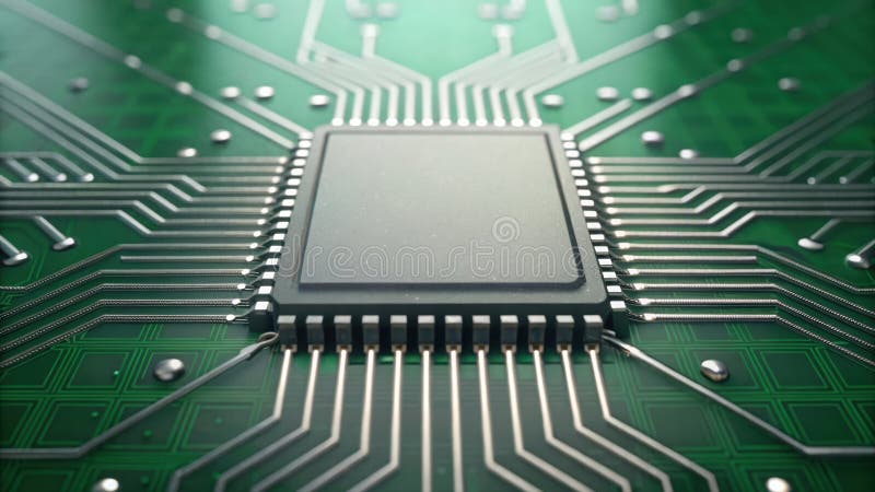 Close-up of a modern computer microprocessor chip with detailed green circuit board and intricate electronic pathways for vector illustration