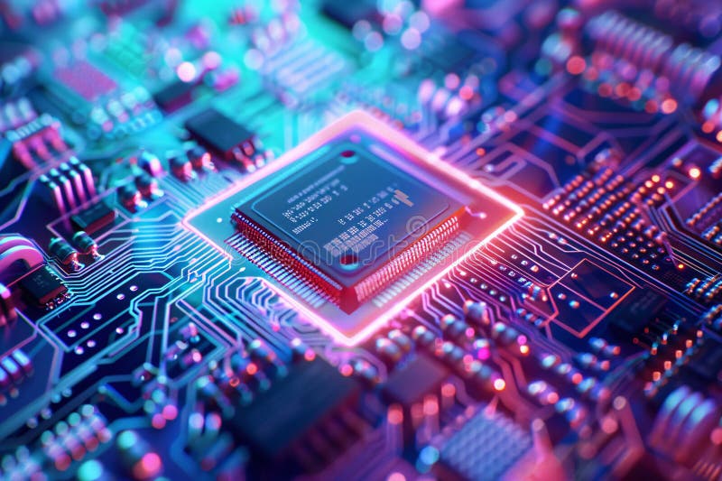 Close up of modern cpu processor microchip, technology background vector illustration