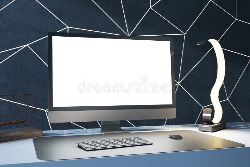Close up of modern designer desktop with empty white computer monitor, various items and blue wall. Mock up, 3D Rendering