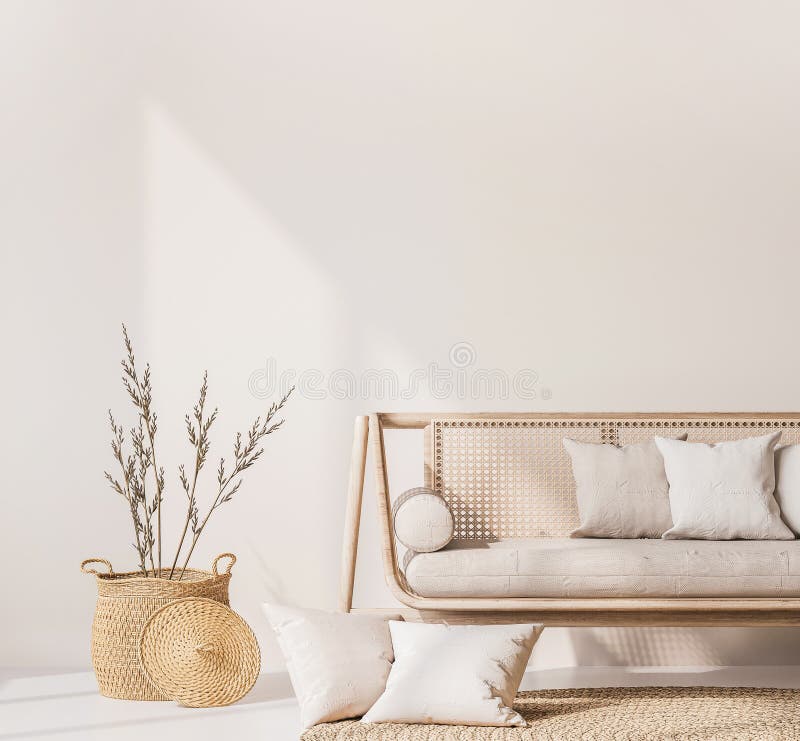 Close up for modern living room interior with natural wooden furniture, rattan basket and trendy carpet. Scandinavian style