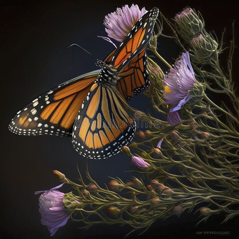 A Closeup of a Monarch Butterfly Drinking Nectar from a Thistle Stock