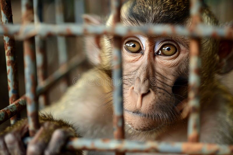Close up monkey caught in cages. . Generative AI. AI generated
