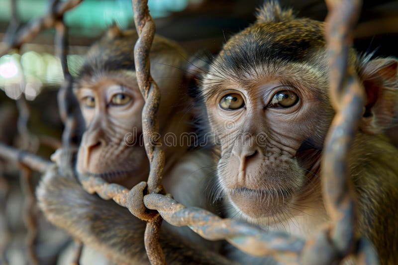 Close up monkey caught in cages. . Generative AI royalty free stock photo