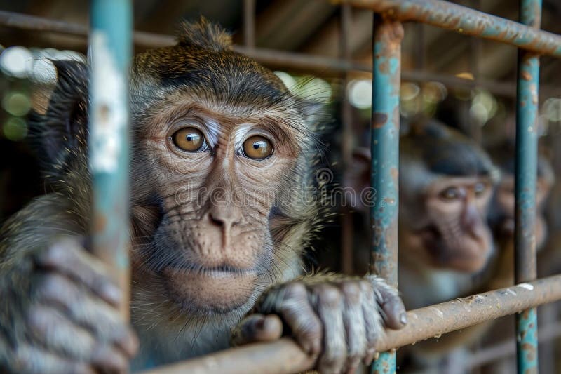 Close up monkey caught in cages. . Generative AI stock photography