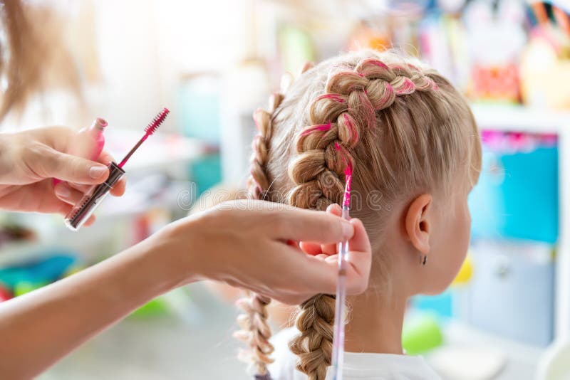 Close-up Mother Hand Holding Brush Make Dyed Braids with Pink Color on Little Daughter Kid Head. Hairdresser Stylist Stock Image - Image of lock, happy: 235532459 Close-up Mother Hand Holding Brush Make Dyed Braids with Pink Color on Little Daughter Kid Head. Hairdresser Stylist Stock Image - Image of lock, happy: 235532459