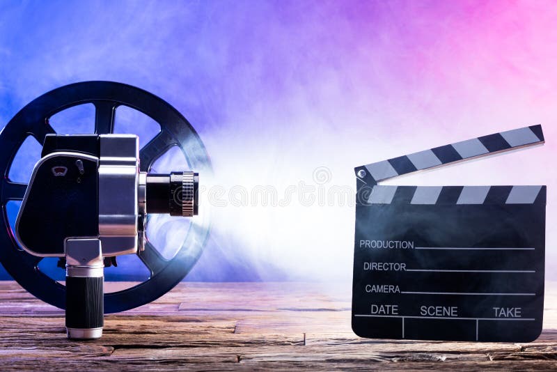 Close-up Of Movie Camera With Film Reel And Clapper Board stock photography Close-up Of Movie Camera With Film Reel And Clapper Board stock photography