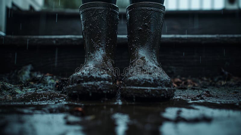 Close-up of muddy boots on wet steps in the rain. stock photography